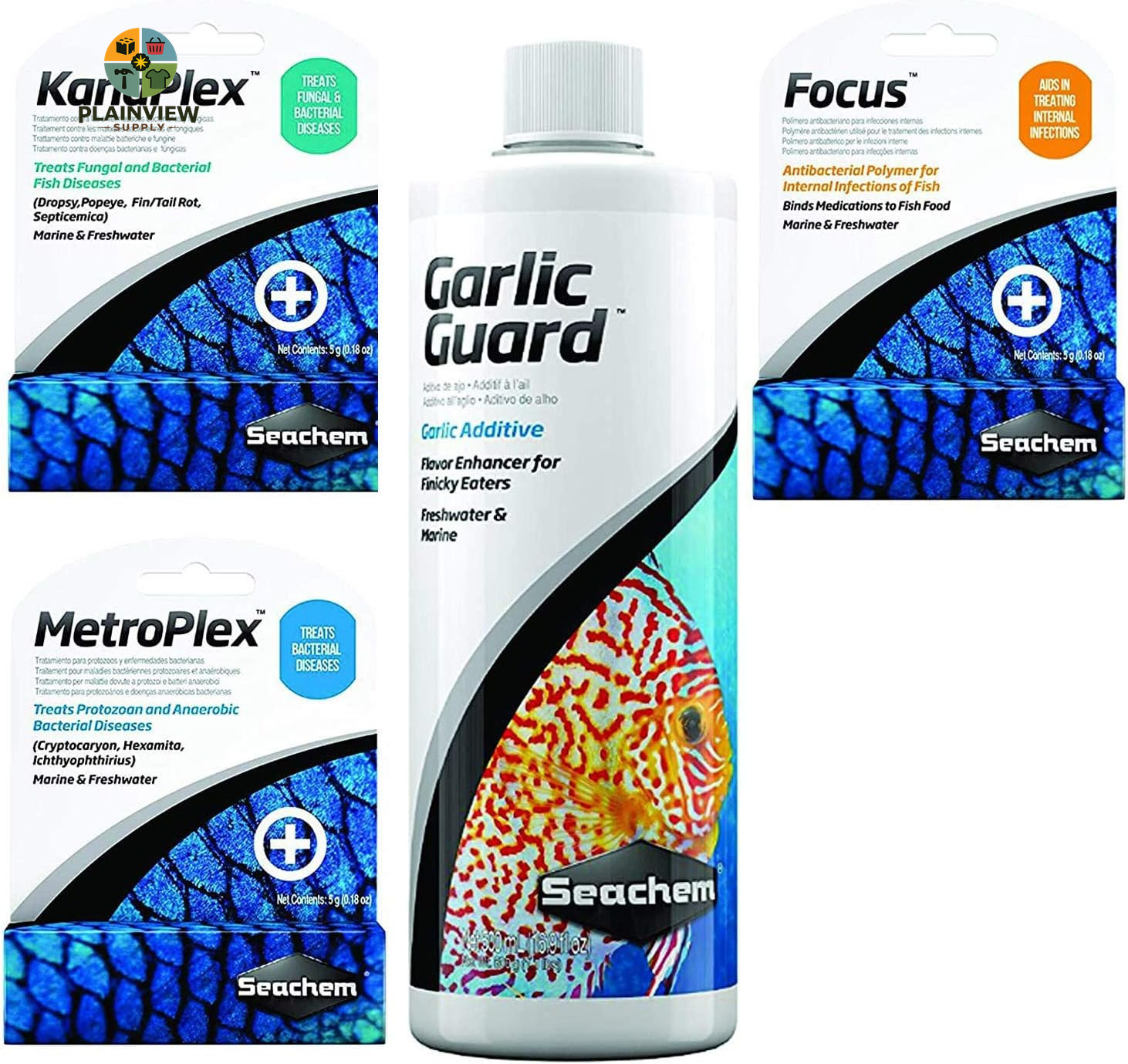 Ultimate Aquarium Treatment Bundle Pack - Metroplex, Kanaplex, Focus, Garlic Gua