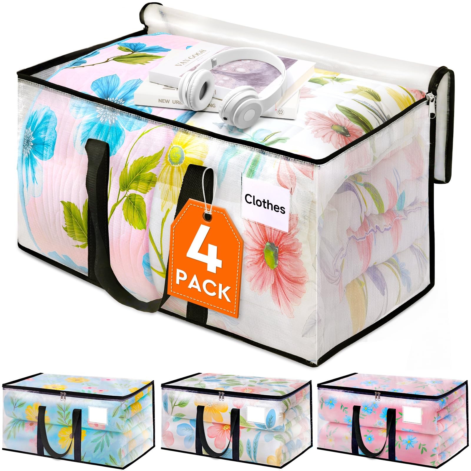 HomeHacks Clear Moving Bags Heavy Duty 4 Pack, Storage Bags with Zipper, Extr...