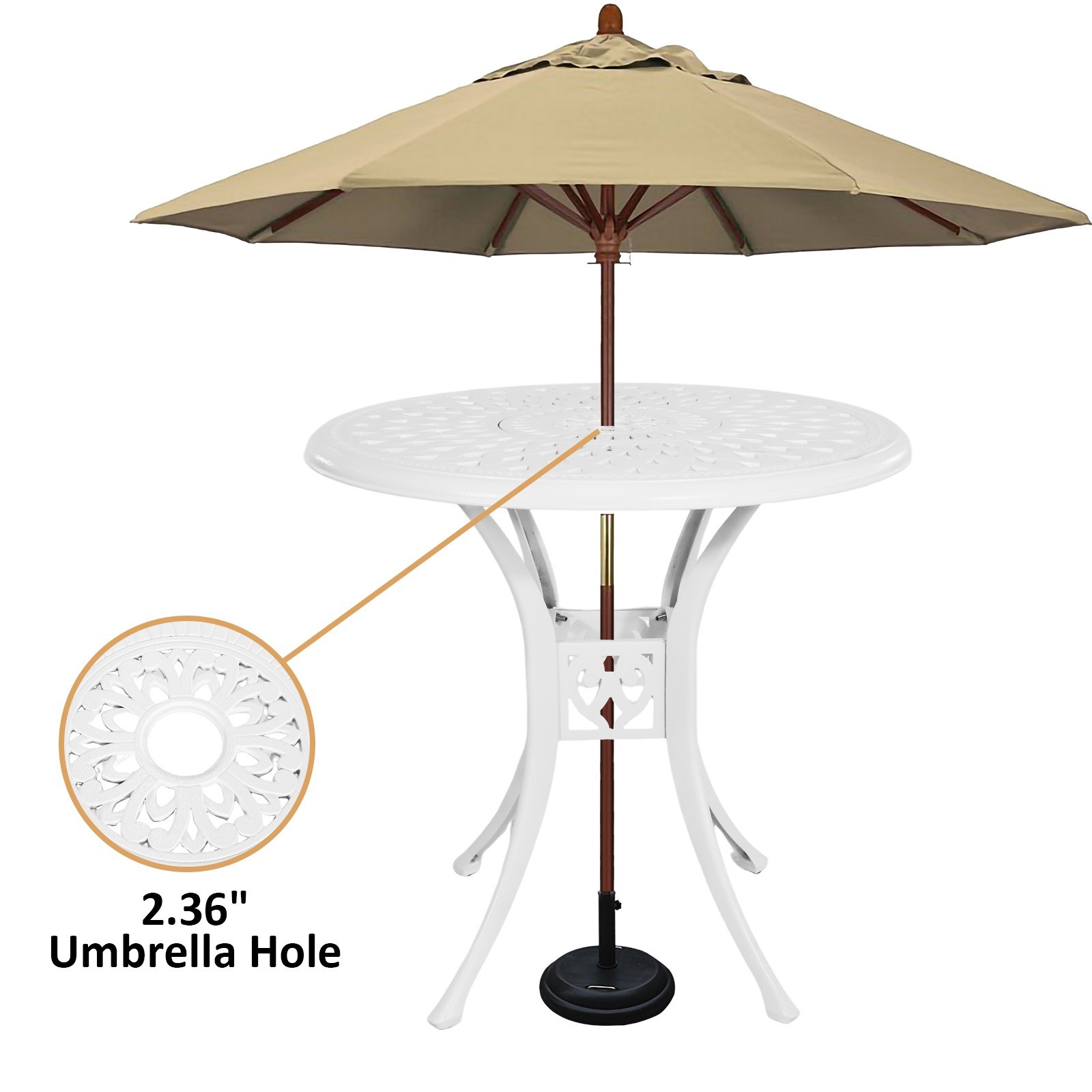 30 in Patio Table with Umbrella Hole Round Outdoor Table White Bistro Table