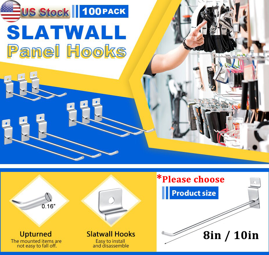 100 Pack Slat Wall Hanging Hooks 8 & 10 Inch Slat Panel Hooks Garage Heavy Duty
