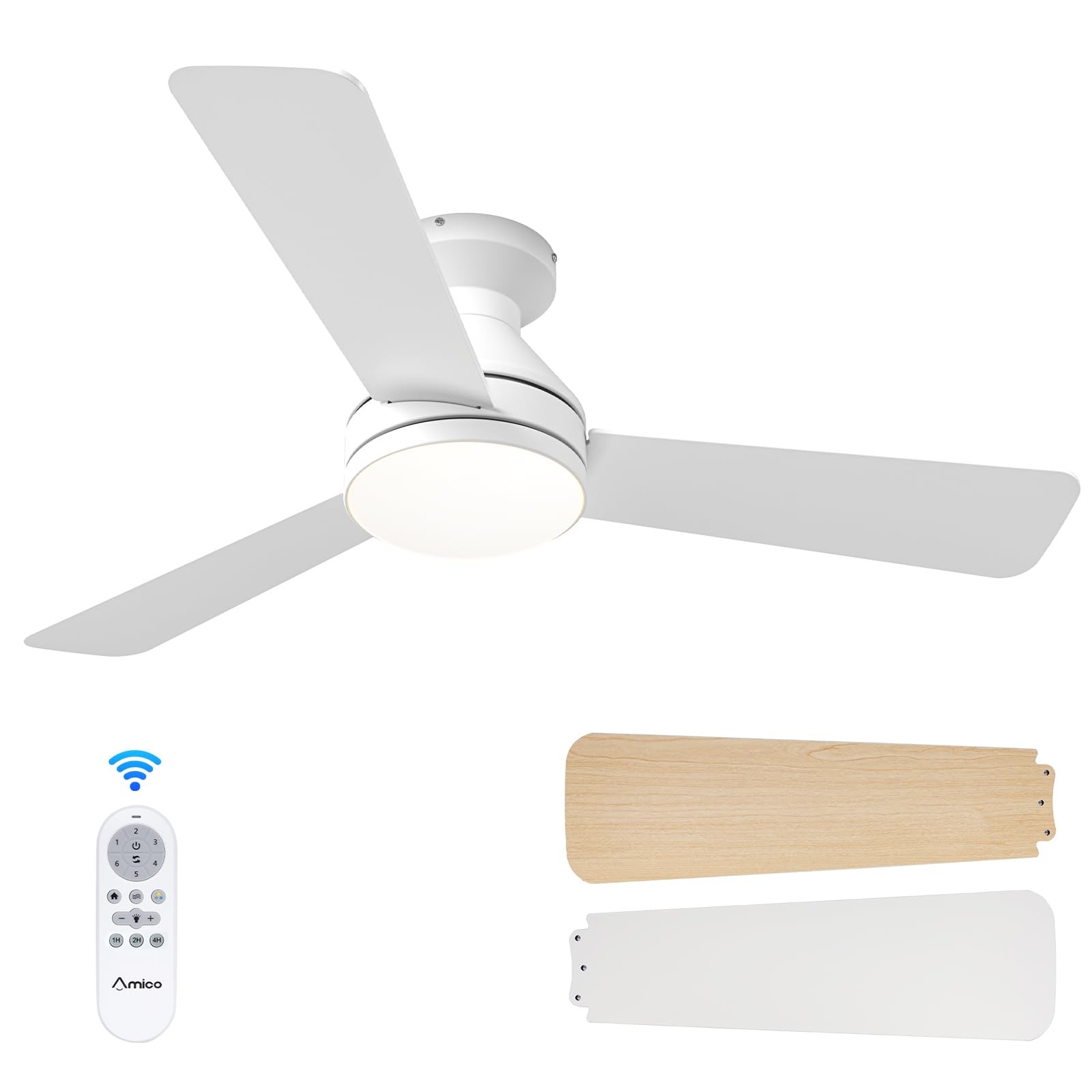 42 Inch White Low Profile Ceiling Fans with Lights and Remote