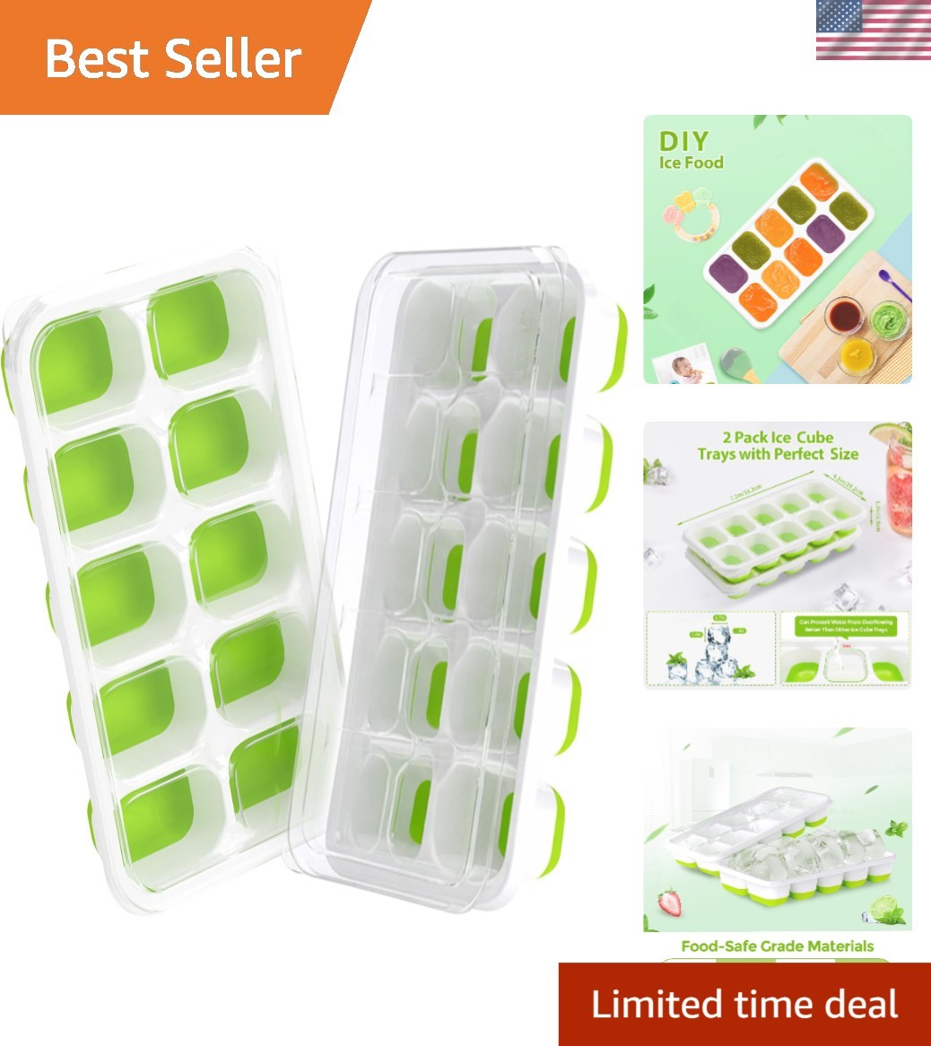 Dishwasher Safe Silicone Ice Cube Trays - 2 Pack with Spill-Resistant Lids