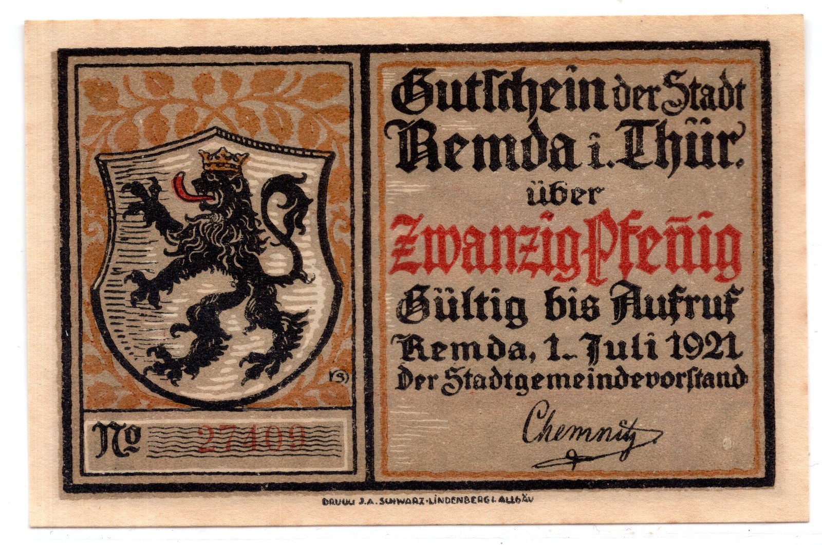 1921 Germany Remda Notgeld 20 Pfennig Note (3007)