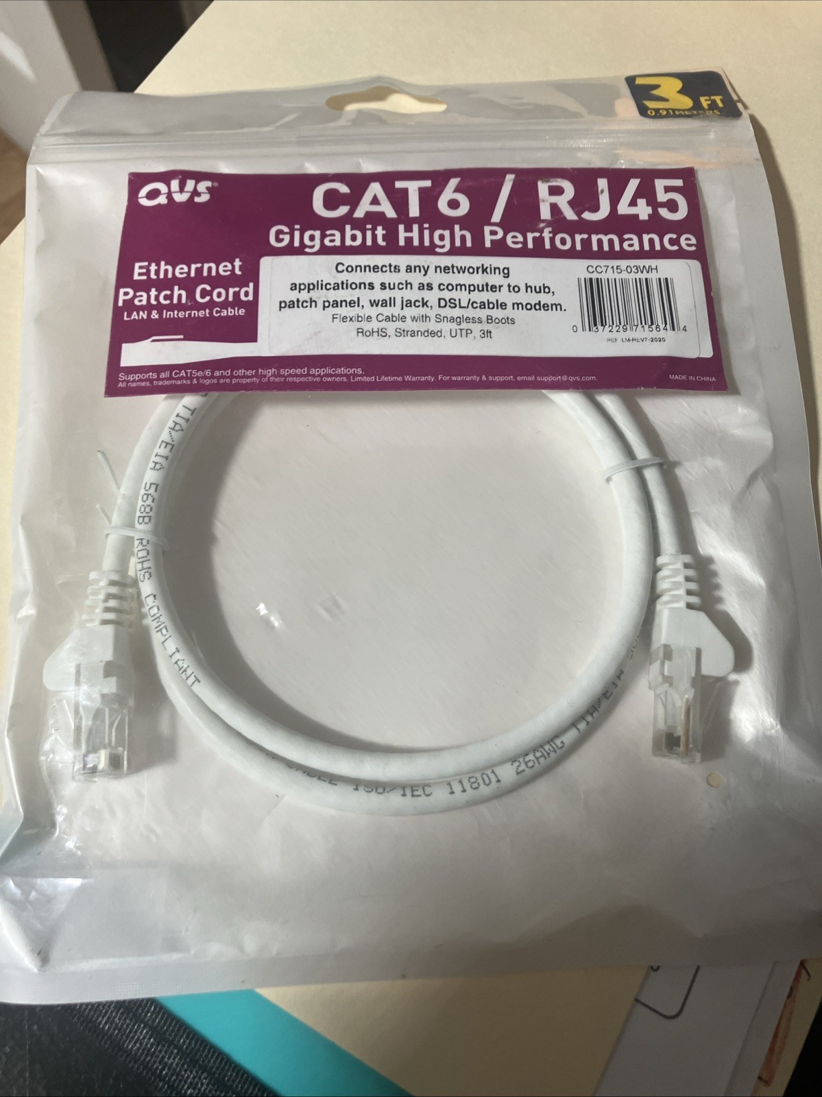 3 ft CAT6 Gigabit Flexible Molded White Patch Cord