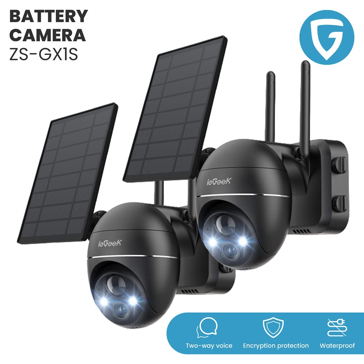 ieGeek Outdoor Wireless 2K Solar Security Camera 360° PTZ Home Battery CCTV Cam