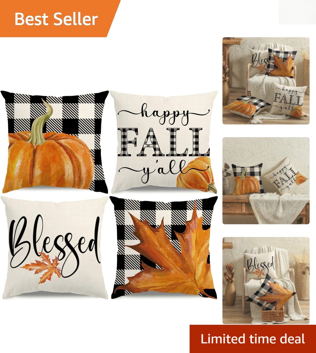 Set of 4 Fall-Themed 18x18 Pillow Covers - Zipper Closure for Easy Use