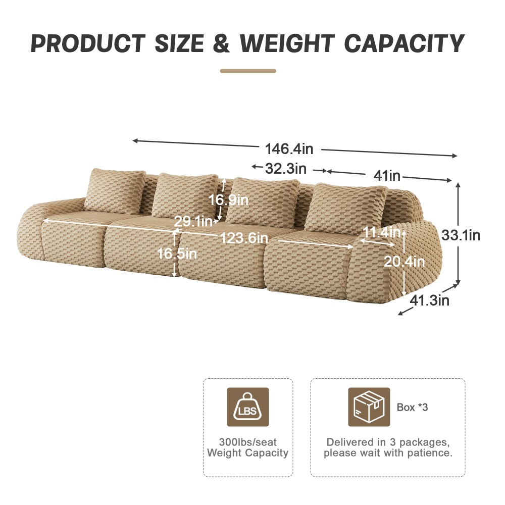 146" Modular Sectional Sofa w/ Flannelette Fabric, 4-Seater, Light Camel