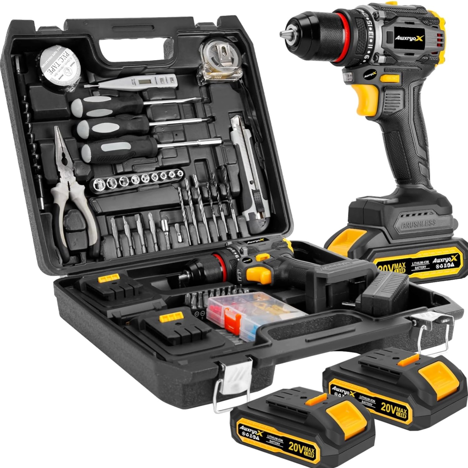 Complete 135 pcs Brushless Drill Tool Set - 20V, 2 Lithium Batteries Included