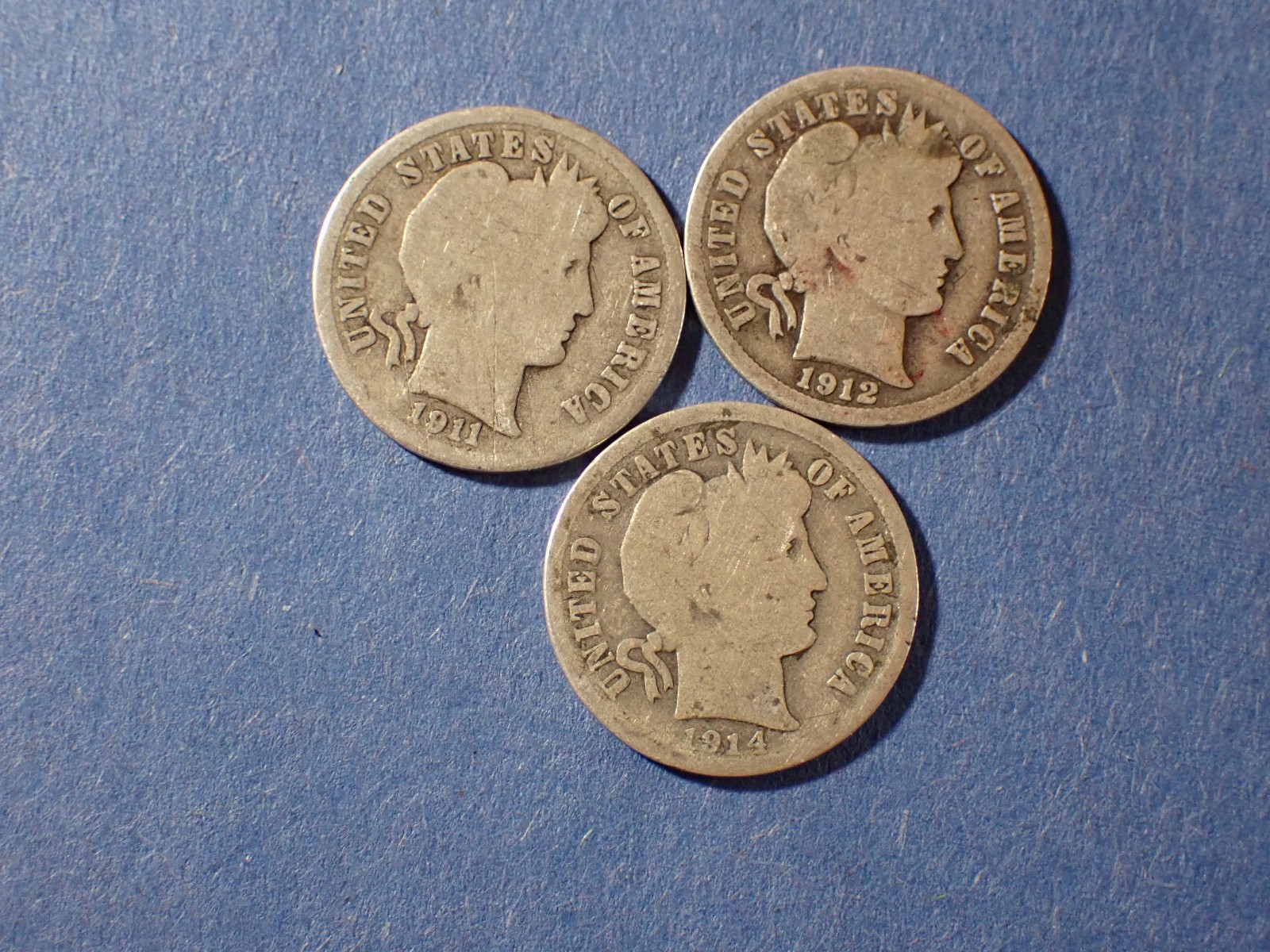 A Lot of 3 silver Barber dimes 1911D 12D 14D Good  Cond set RGR 633