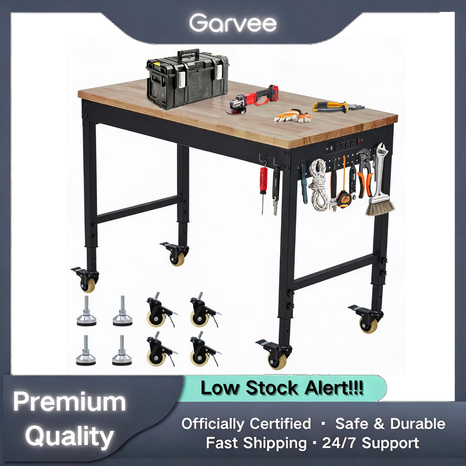 Heavy Duty Workbench 72" 2000 LBS Rubber Wood Pegboard Power Outlets Garage Work