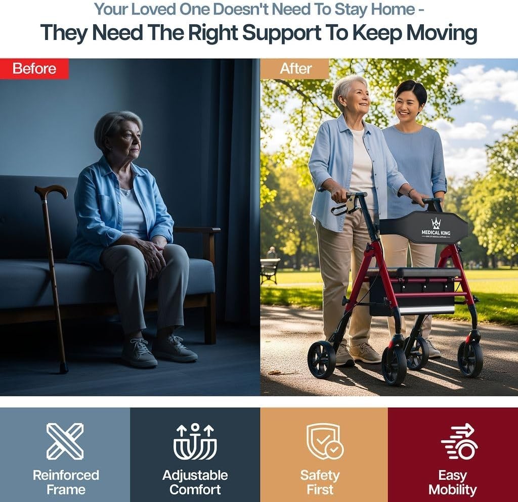 Red Foldable Rollator Walker Seat 8" Wheels Lightweight 350lb Pouch