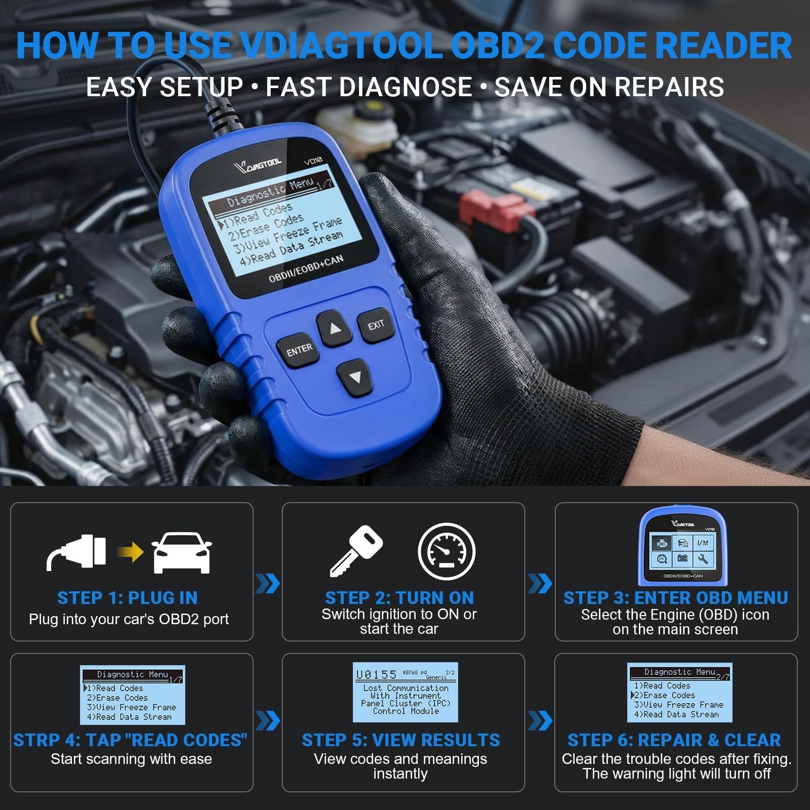 OBD2 Scanner Code Reader, Car Diagnostic Tool, Engine Fault Code Reader, CEL Off