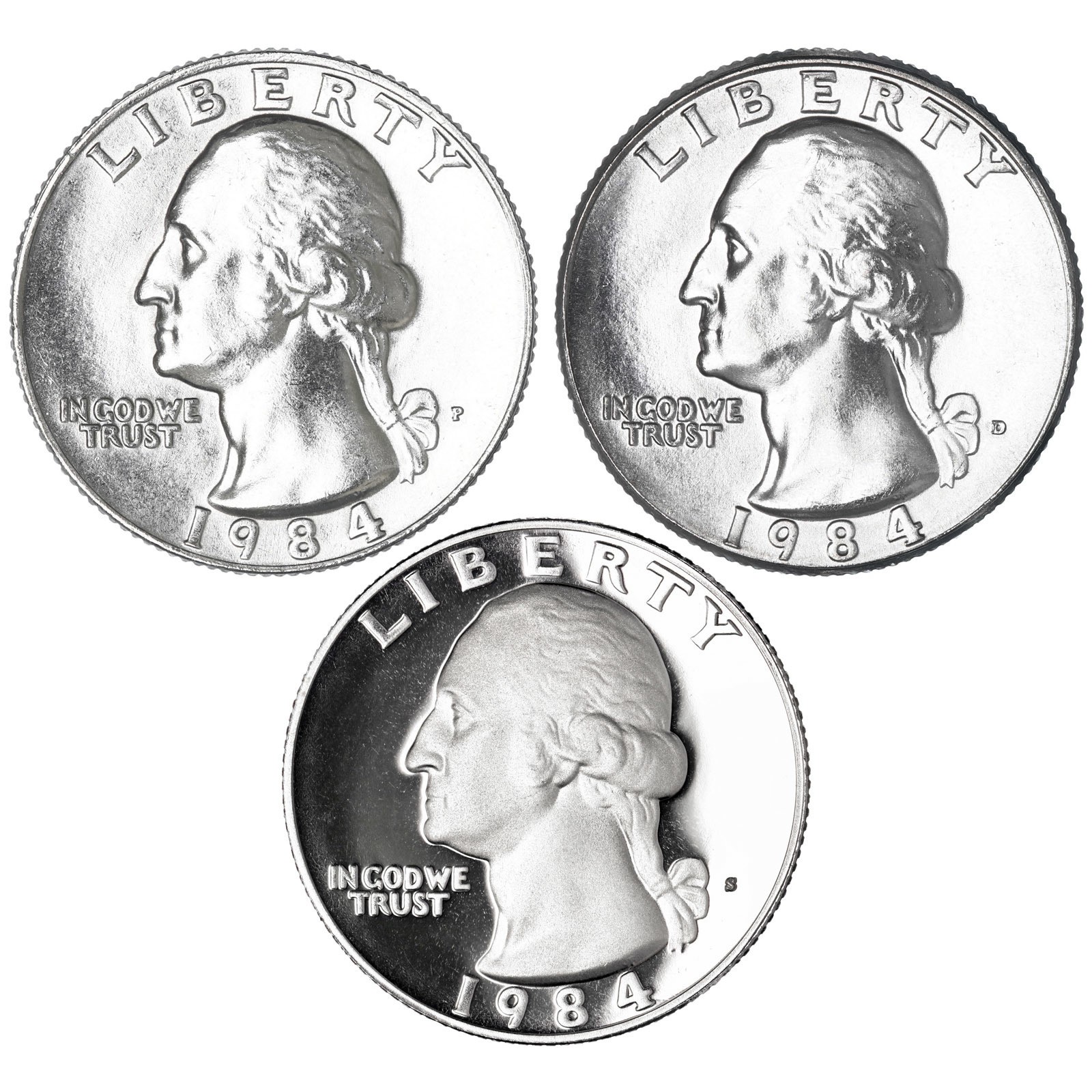 1984 P D S Washington Quarters CN-Clad BU & Gem Proof 3 Coin Year Set