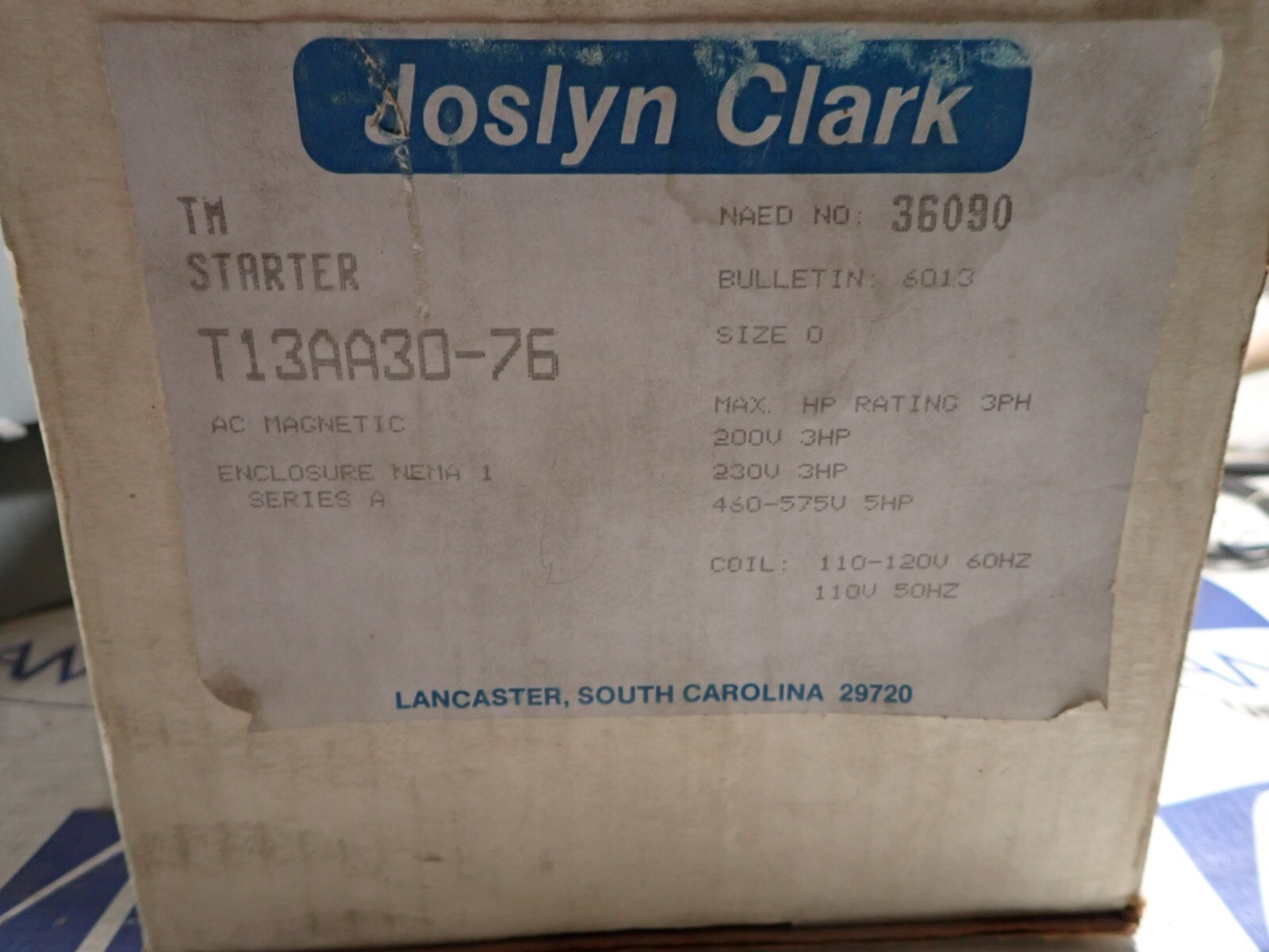 New Surplus Joslyn Clark Controls Starter T13AA30-76 Size 0 5HP 460V 120v Coil