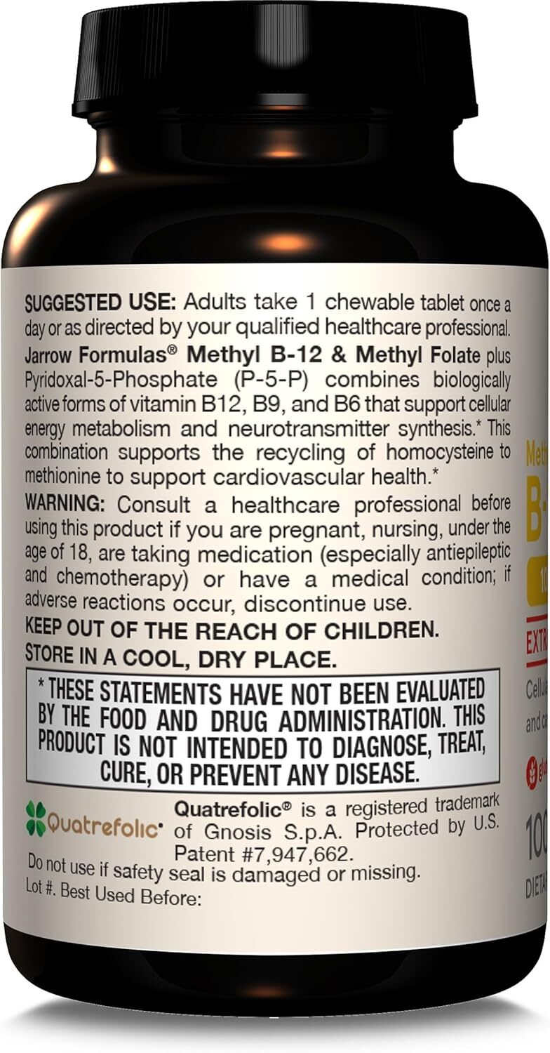 Jarrow Formulas Ultra Strength Methyl B-12 5000 mcg & Methyl Folate 800 mcg + P-