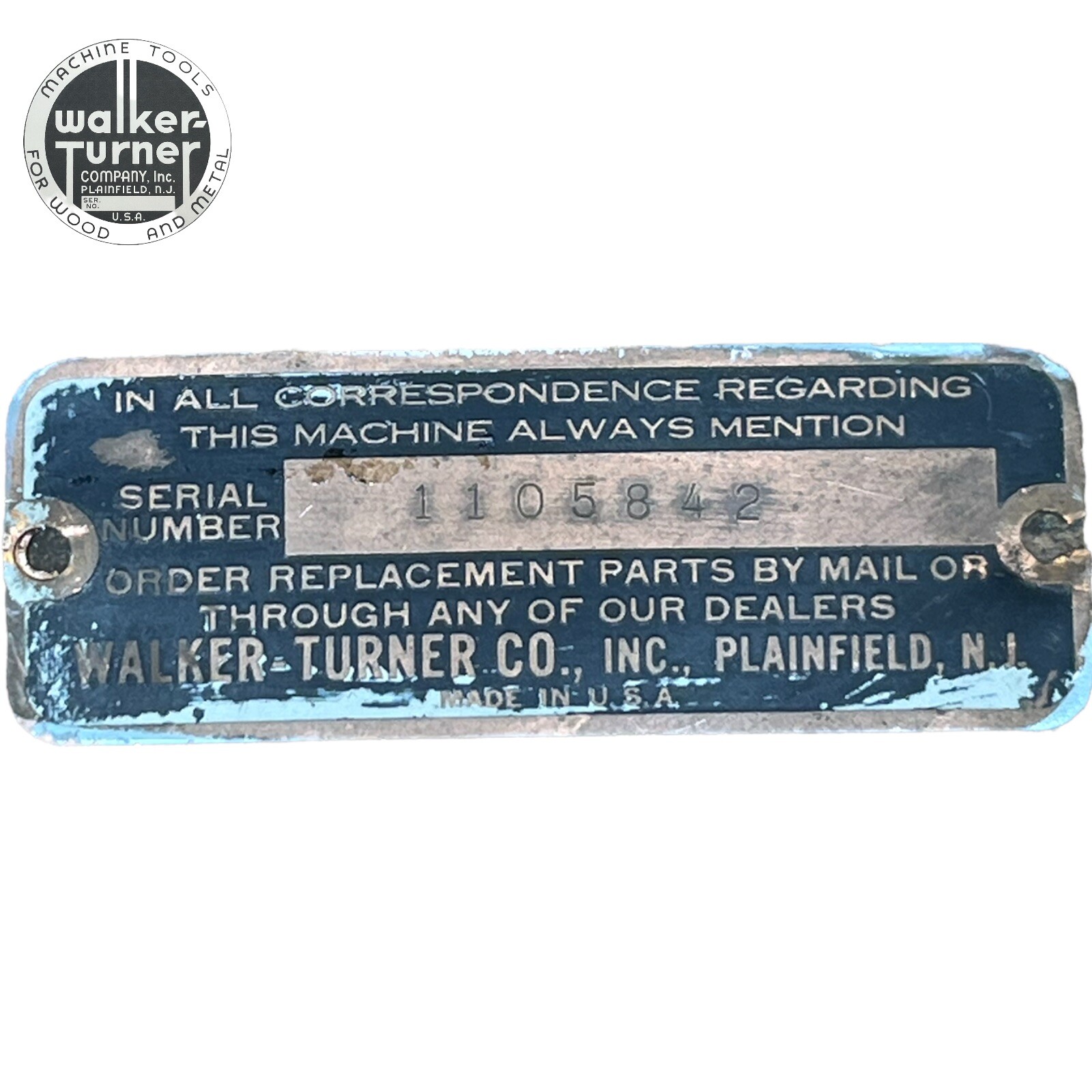 Walker Turner 16” Wood & Metal Cutting Band Saw Tag Badge Serial Number