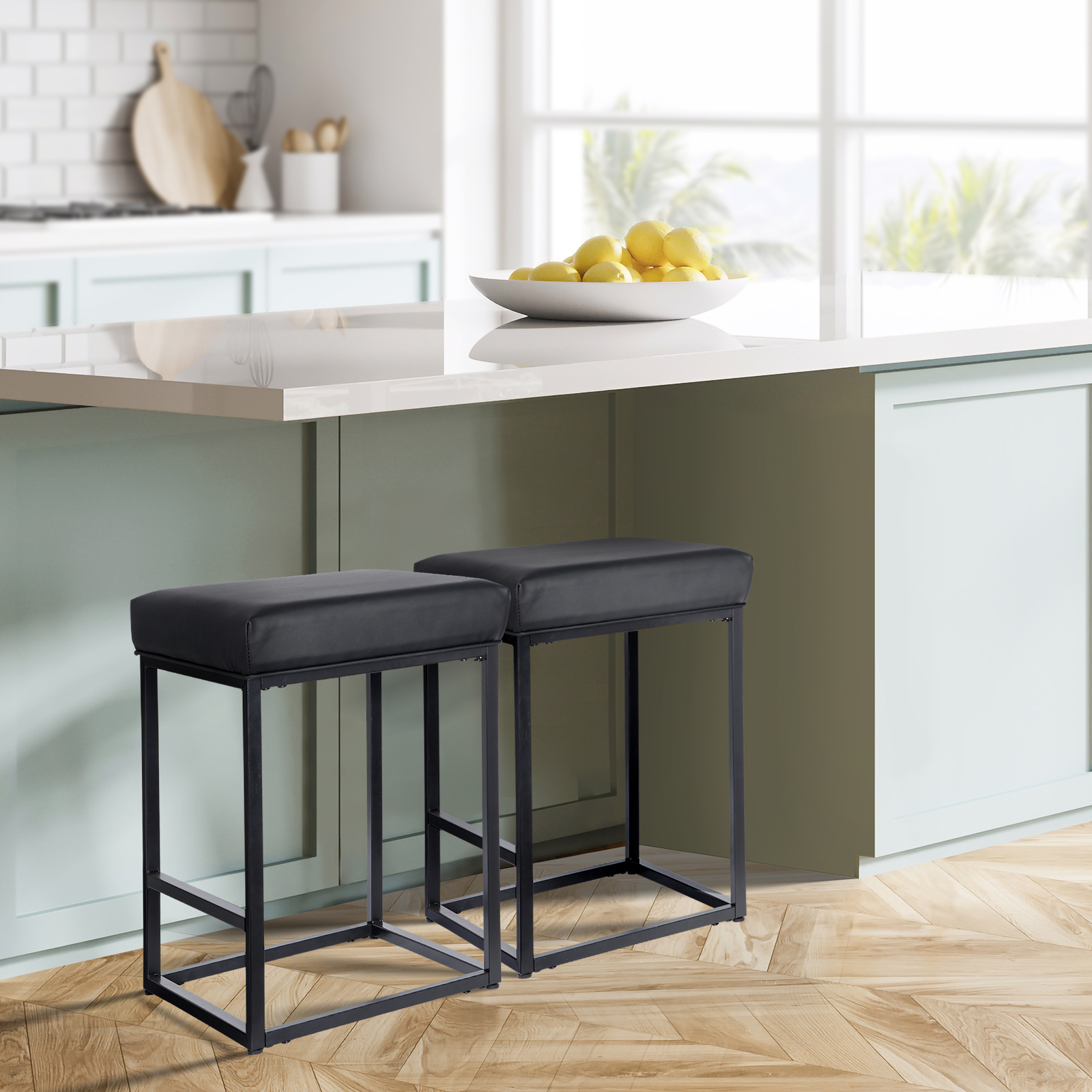 2PCS Black Backless Bar Stools PU Leather Stools Sturdy 330LBS Capacity Home