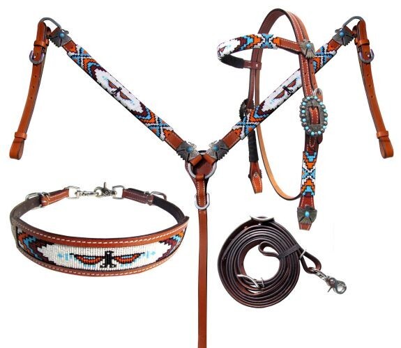 Beaded Thunderbird Browband Headstall & Breast Collar & Reins & Wither Strap NEW