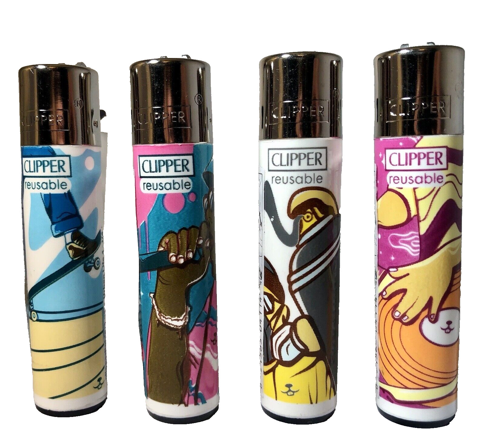 4 Pack Clipper Lighter Urban Life 4 Design Refillable ReFlintable ReUseable