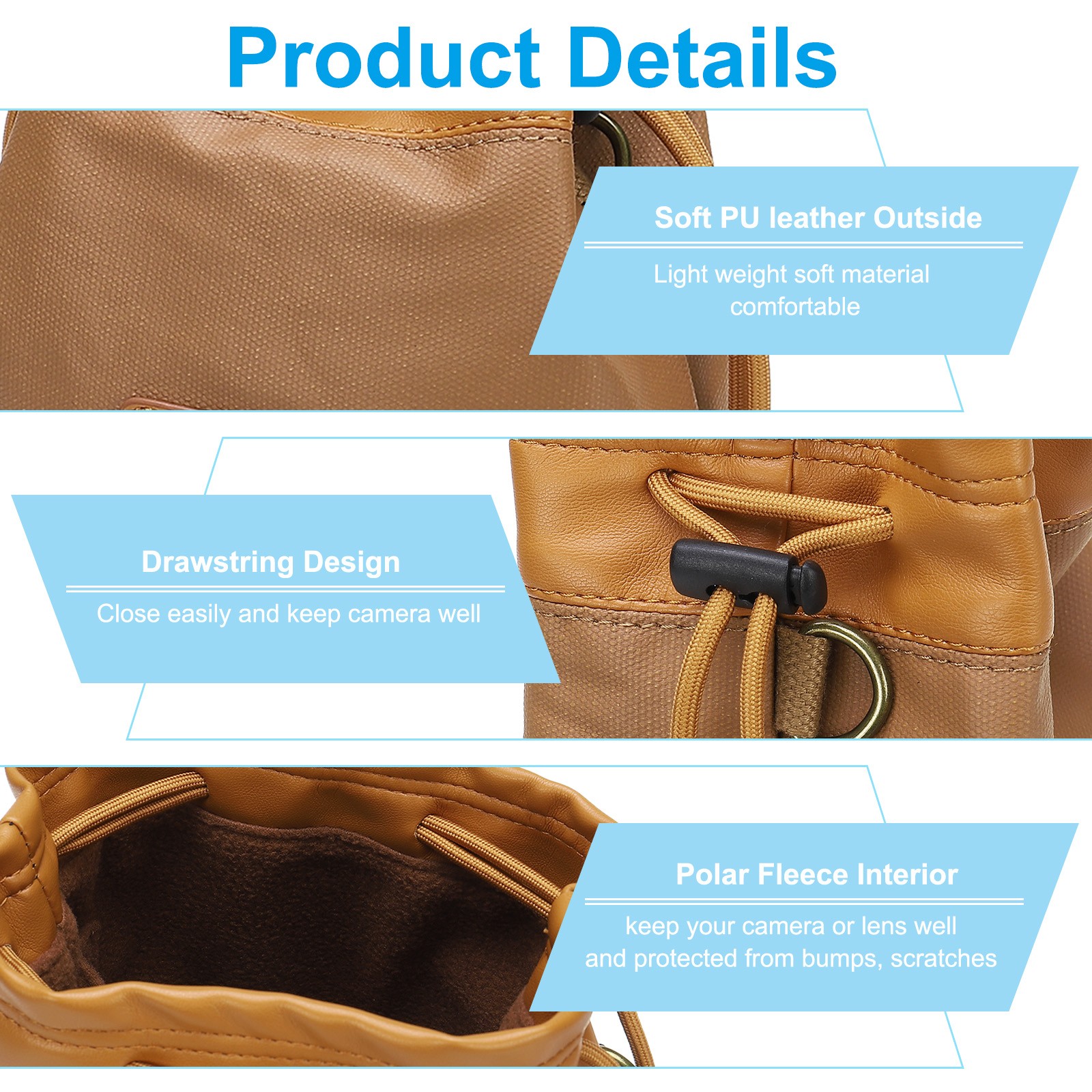 Soft Camera Bag, M Size Camera Drawstring Shoulder Bag with Hand Strap, Khaki