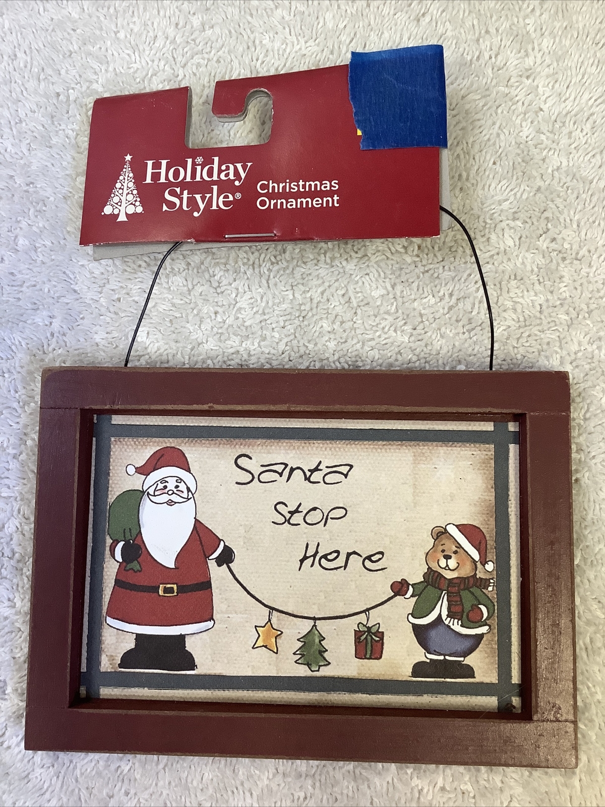 WOOD WALL HANGING OR ORNAMENT SANTA STOPS HERE SANTA & BEAR 5" X 3.5"
