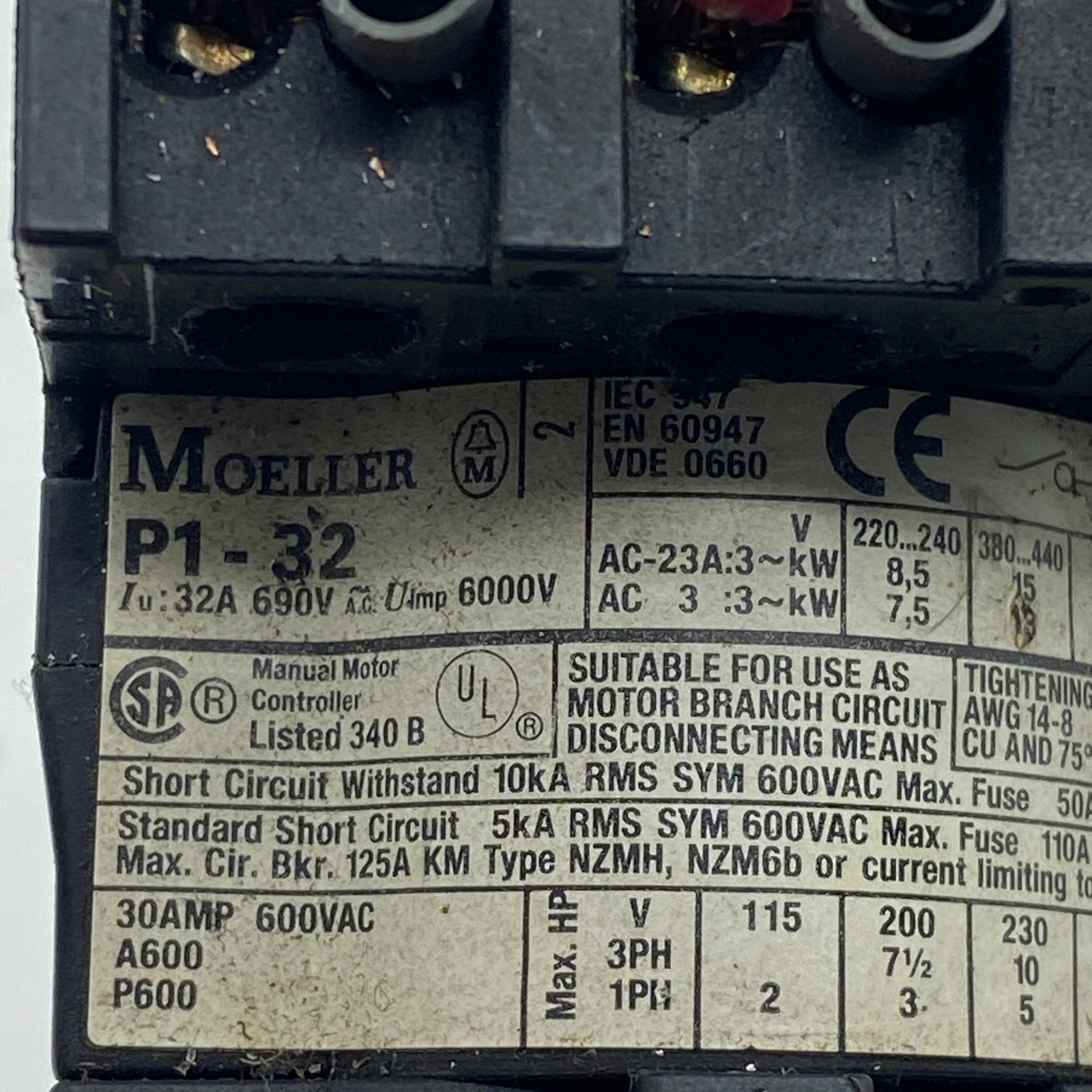 MOELLER P1-32, 3-POLE ROTARY SWITCH W/Panel Mount Isolator Switch P132