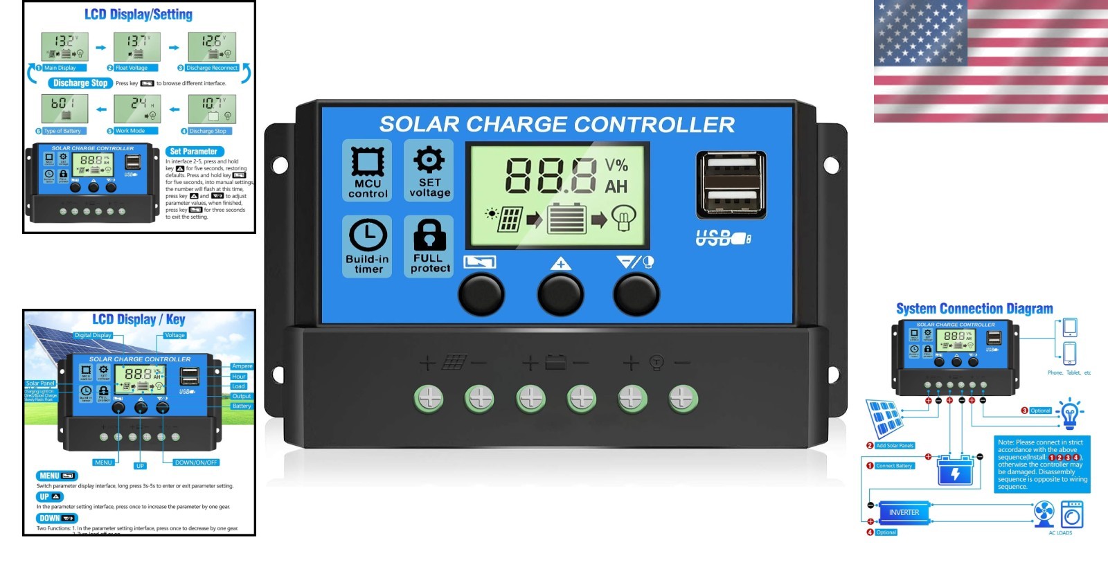 30A PWM Solar Charge Controller with Dual USB Ports & Adjustable LCD Display
