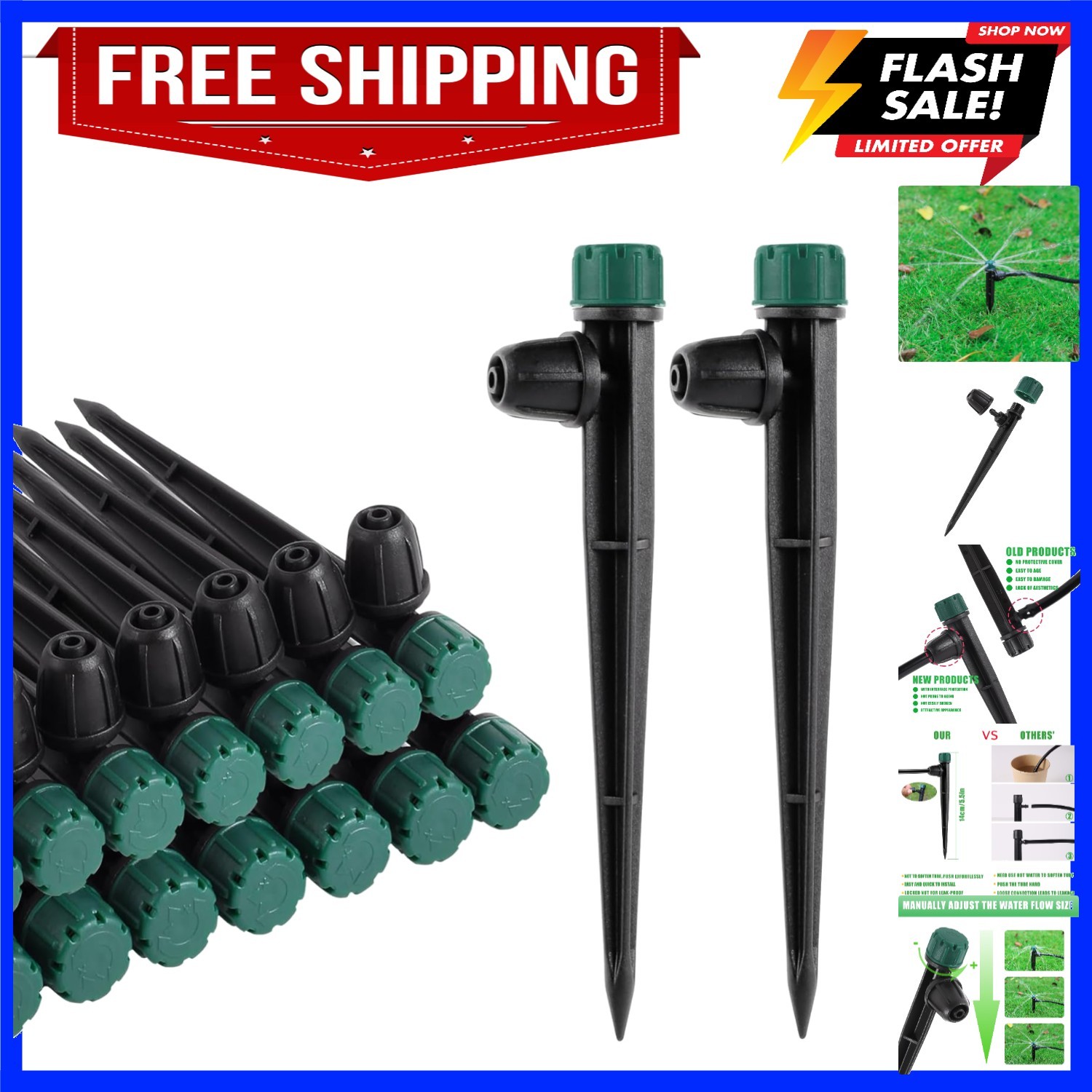 40pc Drip Irrigation Emitters for 1/4" Drip Tubing, Adjustable 360 Degree Aut...