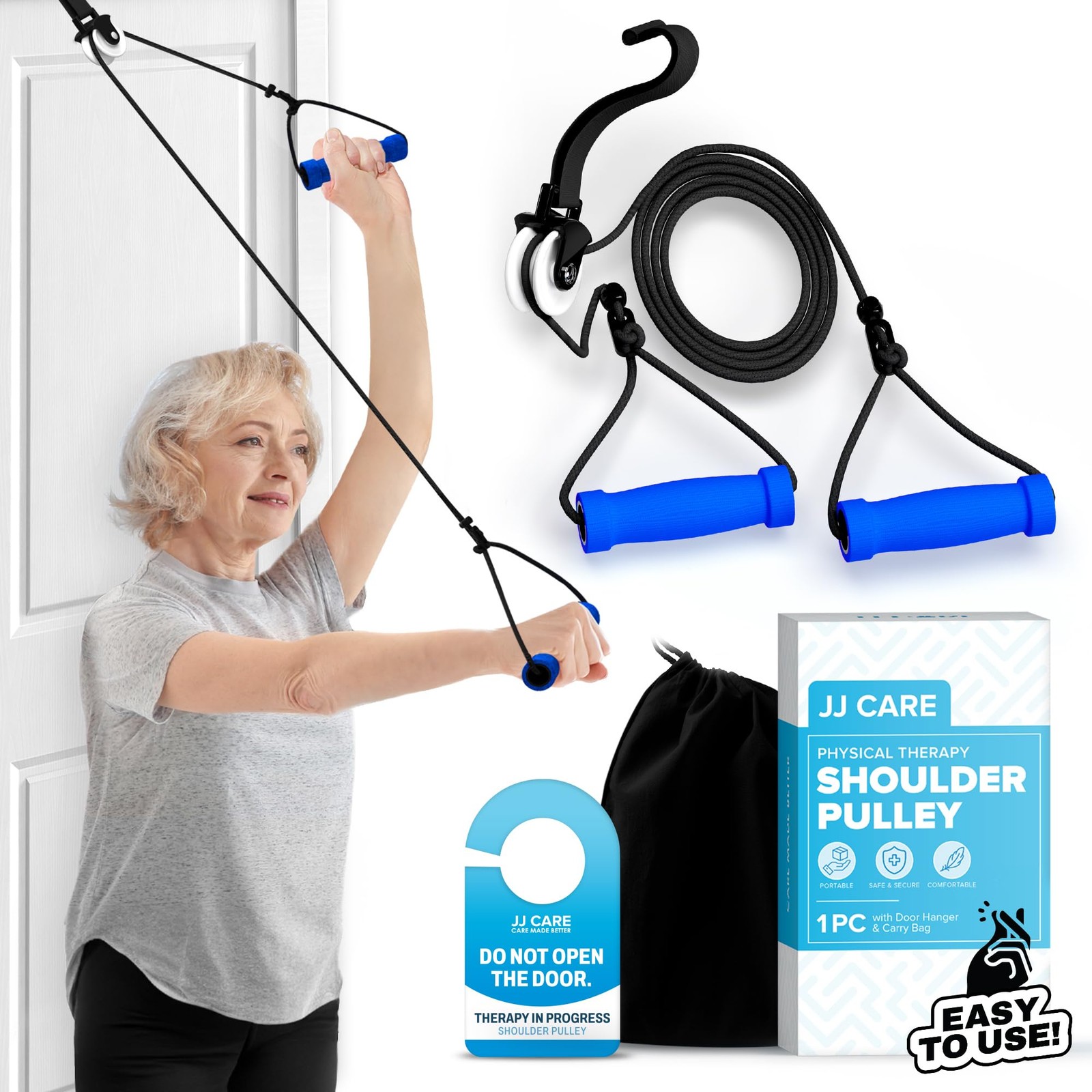 JJ CARE Over the Door Shoulder Pulley Rope Length- 90 inches, Black & Blue