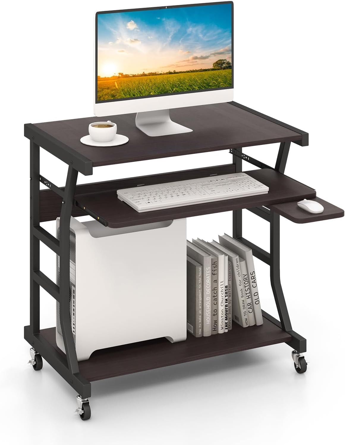 Mobile Computer Desk with Keyboard Tray, Portable Small Rolling Desk with Mouse