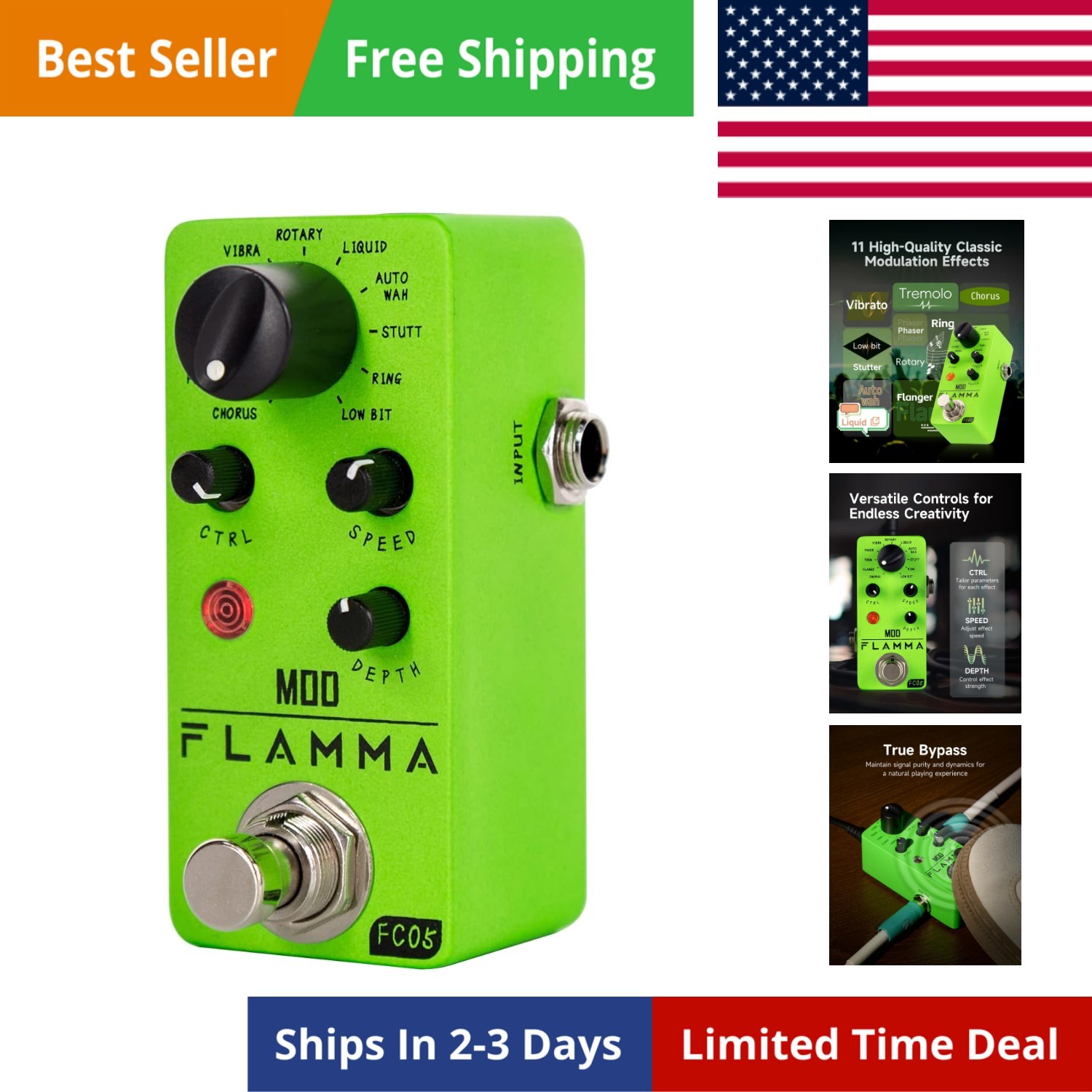FC05 Mini Modulation Pedal with Chorus Flanger Tremolo Phaser Vibrato Rotary ...