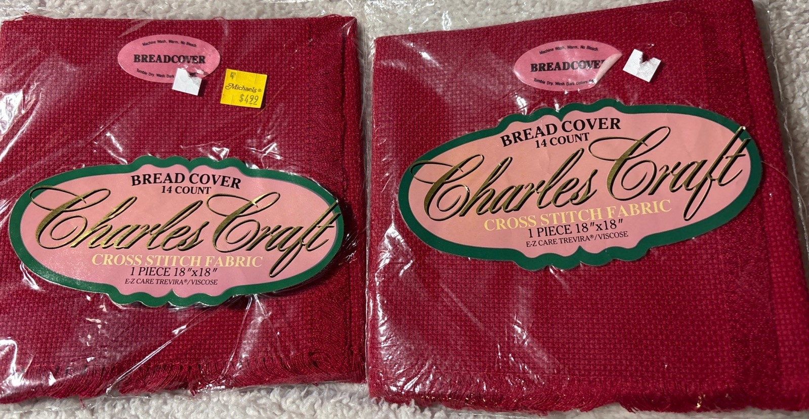 (2)CHARLES CRAFT Cross Stitch Fabric BREAD COVER 18 x 18 in Red 14 Count NIP