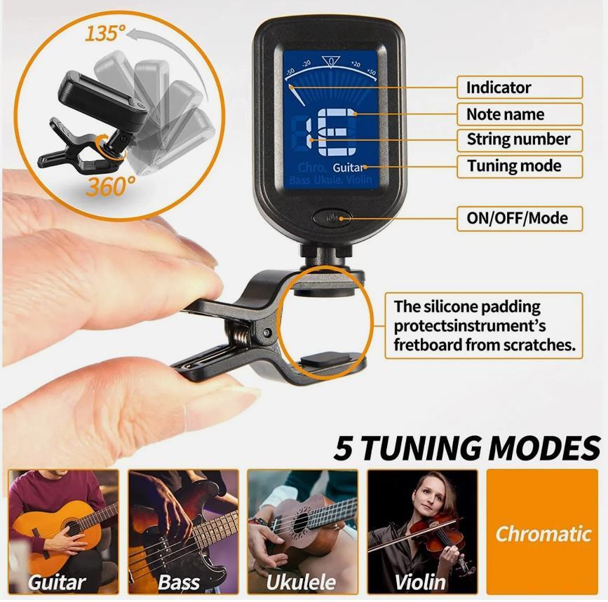 LCD Clip On Chromatic Tuner Acoustic Electric Guitar Bass Ukulele Banjo Violin