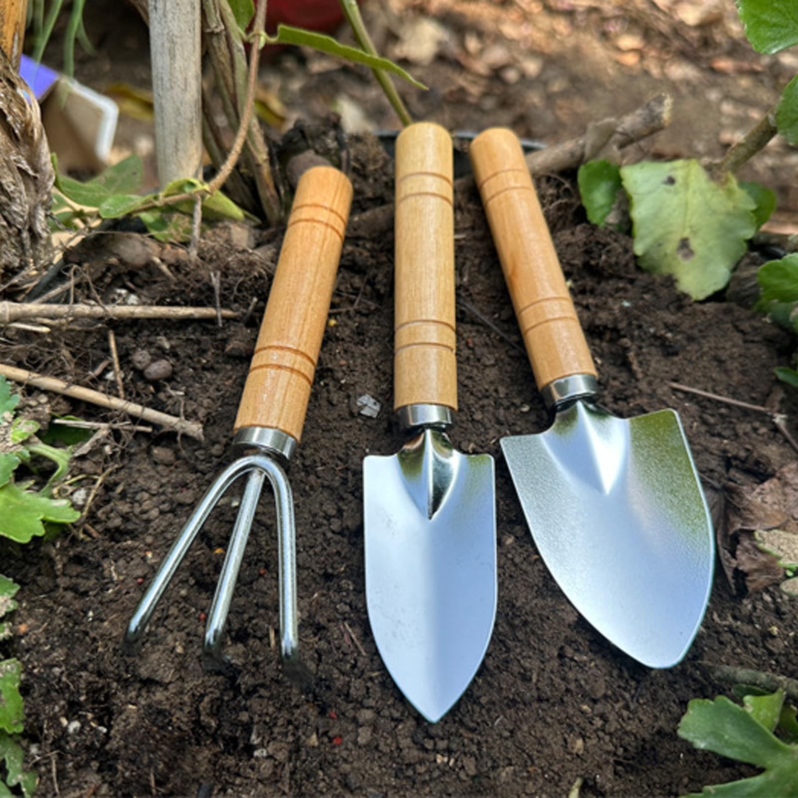 3 Pcs Mini Garden Tools Set Small Tiny Shovel Trowel and Hand Rake Silver
