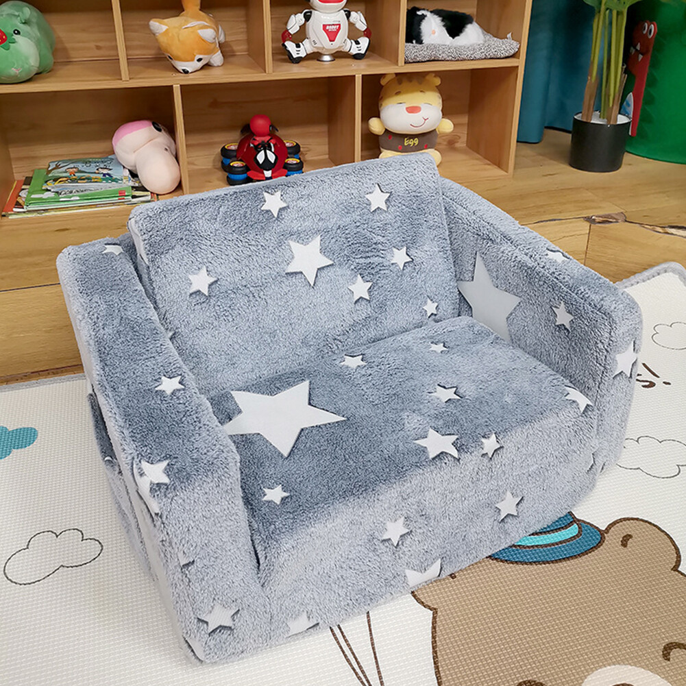 Toddler Kids Couch Convertible Sofa To Lounger for Girls and Boys (Gray Stars)