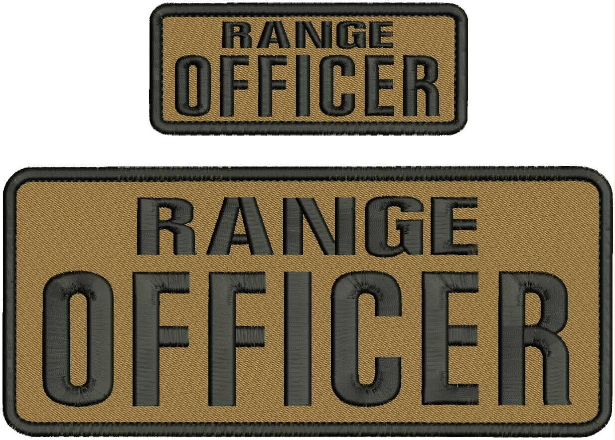 RANGE OFFICER EMB PATCH 4X10 AND 2X5 HOOK ON BACK  BLACK ON COYOTE BROWN