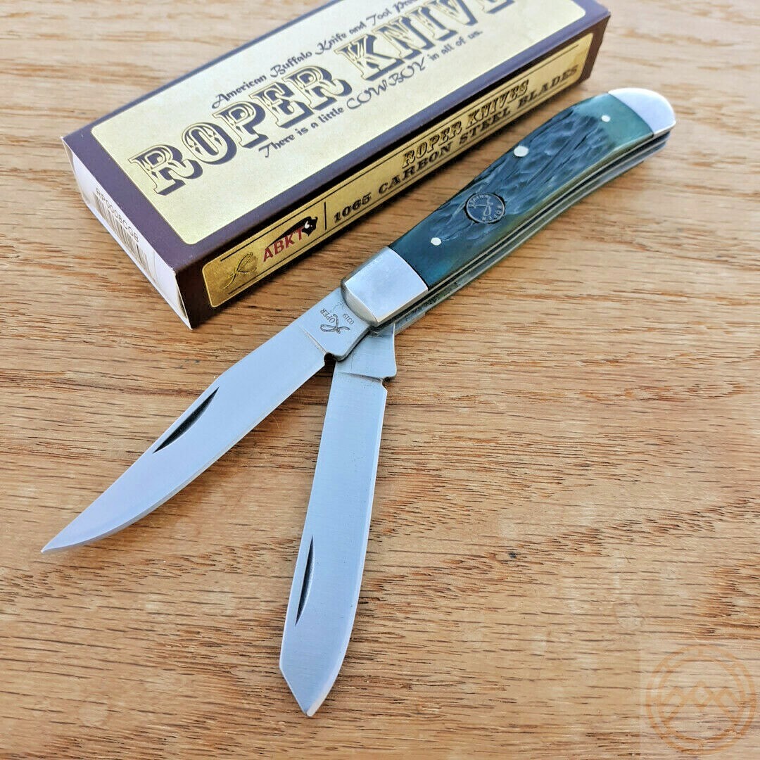 Roper Knives Trapper Pocket Knife 1065 Carbon Steel Blades Jigged Bone Handle