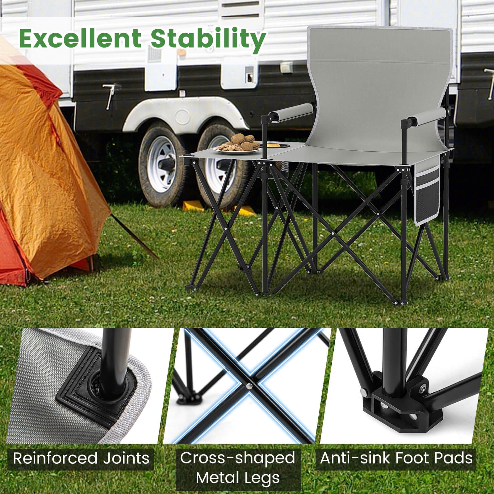 2PCS Oversized Camping Chair w/Side Table 2 Storage Pockets Cup Holder for Trip