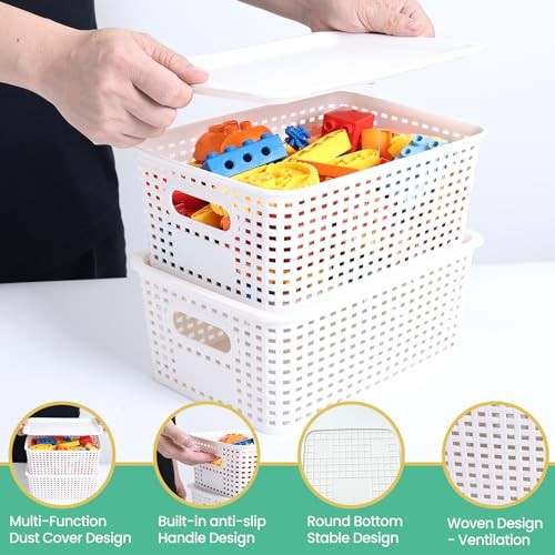 Plastic Storage Baskets with Lid-Plastic Storage Containers Stackable White