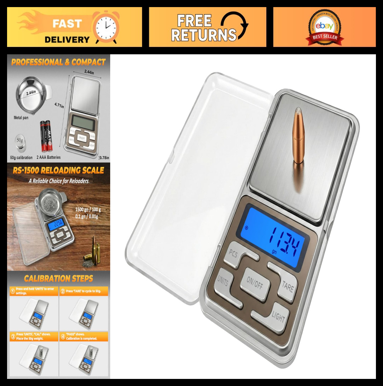 Digital Reloading Scale 1500g x 0.1gn with Metal Pan, Calibration Weight & Batte