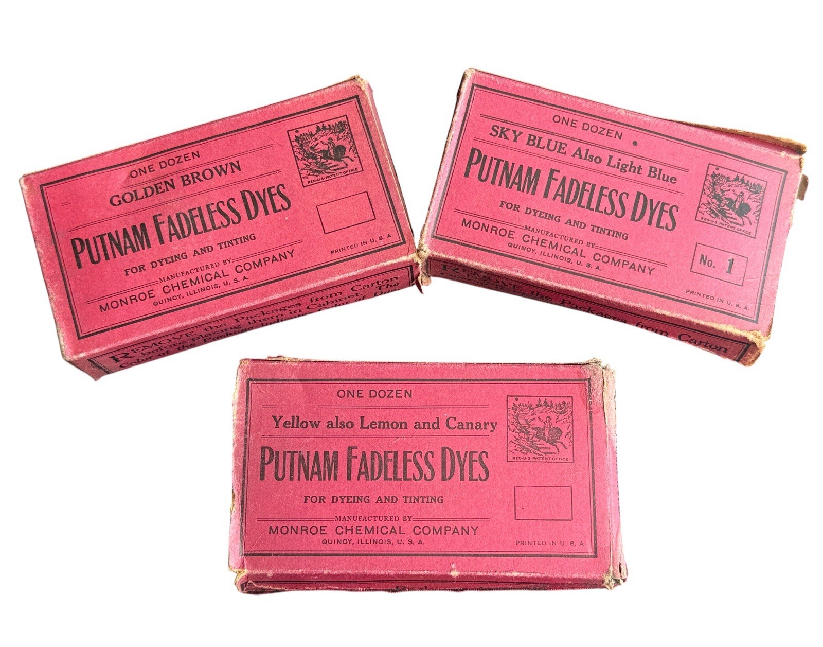 Vtg Putnam Fadeless Dyes Lot Of 3 Complete Packages Sky Blue Yellow Brown