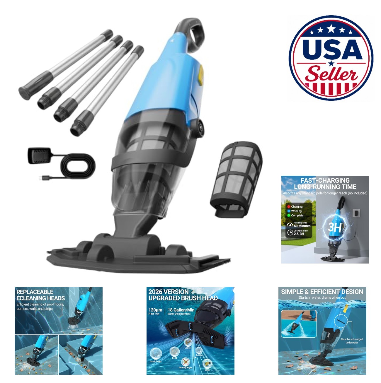 Cordless Handheld Pool Vacuum 18 GPM Suction 87 Inch Pole 60 Min Runtime Above