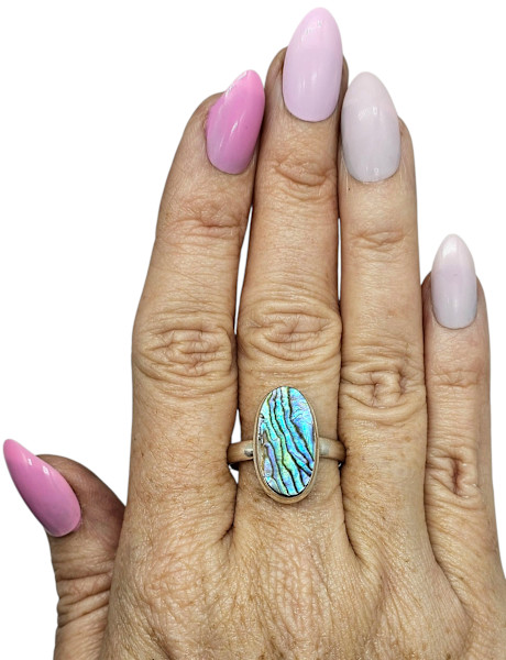 Statement Paua Shell Ring, Size 11, Sterling Silver, Long Oval Shape, Blue Green