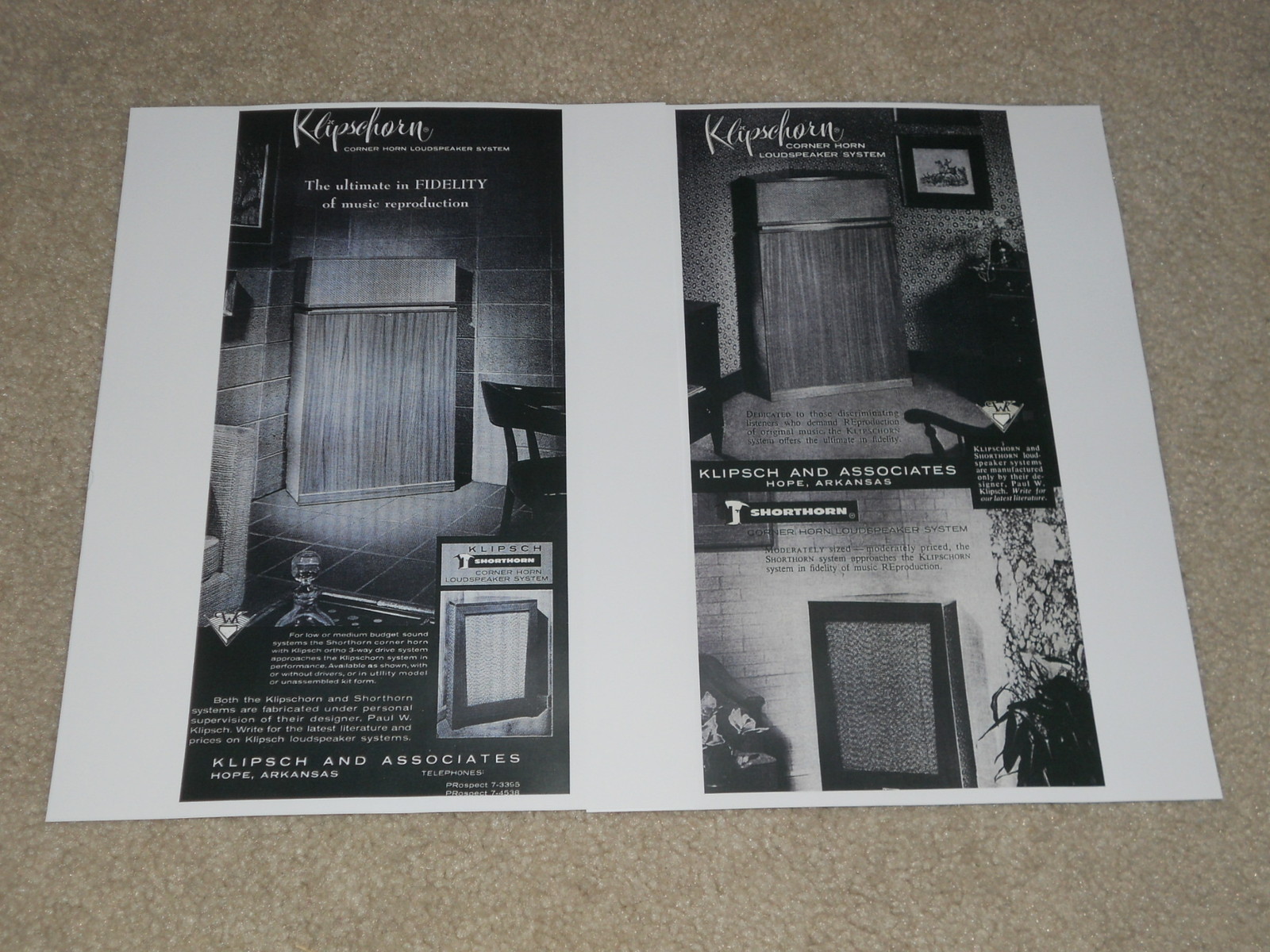 Paul Klipsch Klipschorn 1957 Ads, 2 pages, Shorthorn, Rare Info, Articles