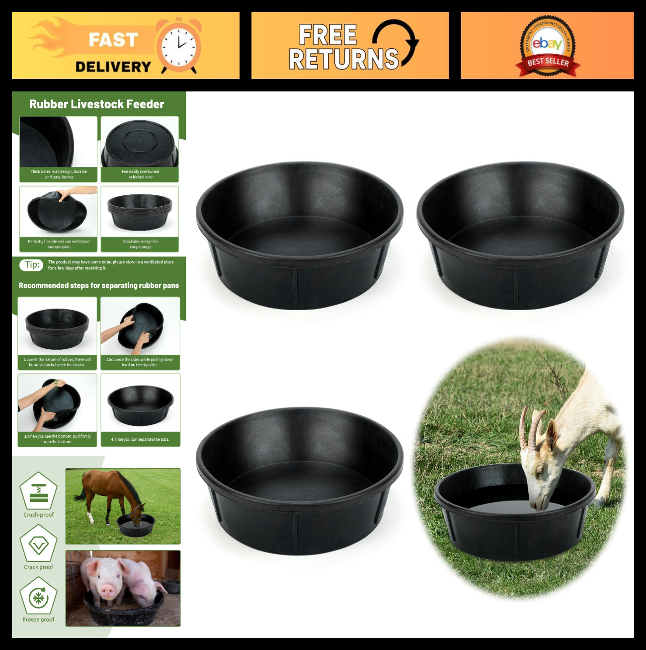 3Pcs 12 Quart Rubber Feed Pan - Large Livestock Bucket for Horses, Goats, Chicke