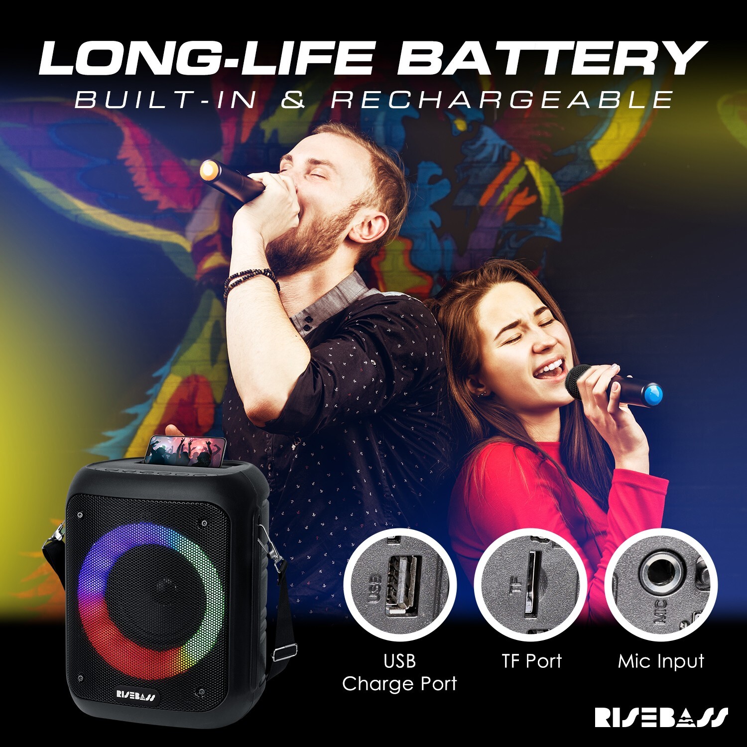 Risebass Portable Karaoke Machine with 2 Wireless Microphones Bluetooth Record