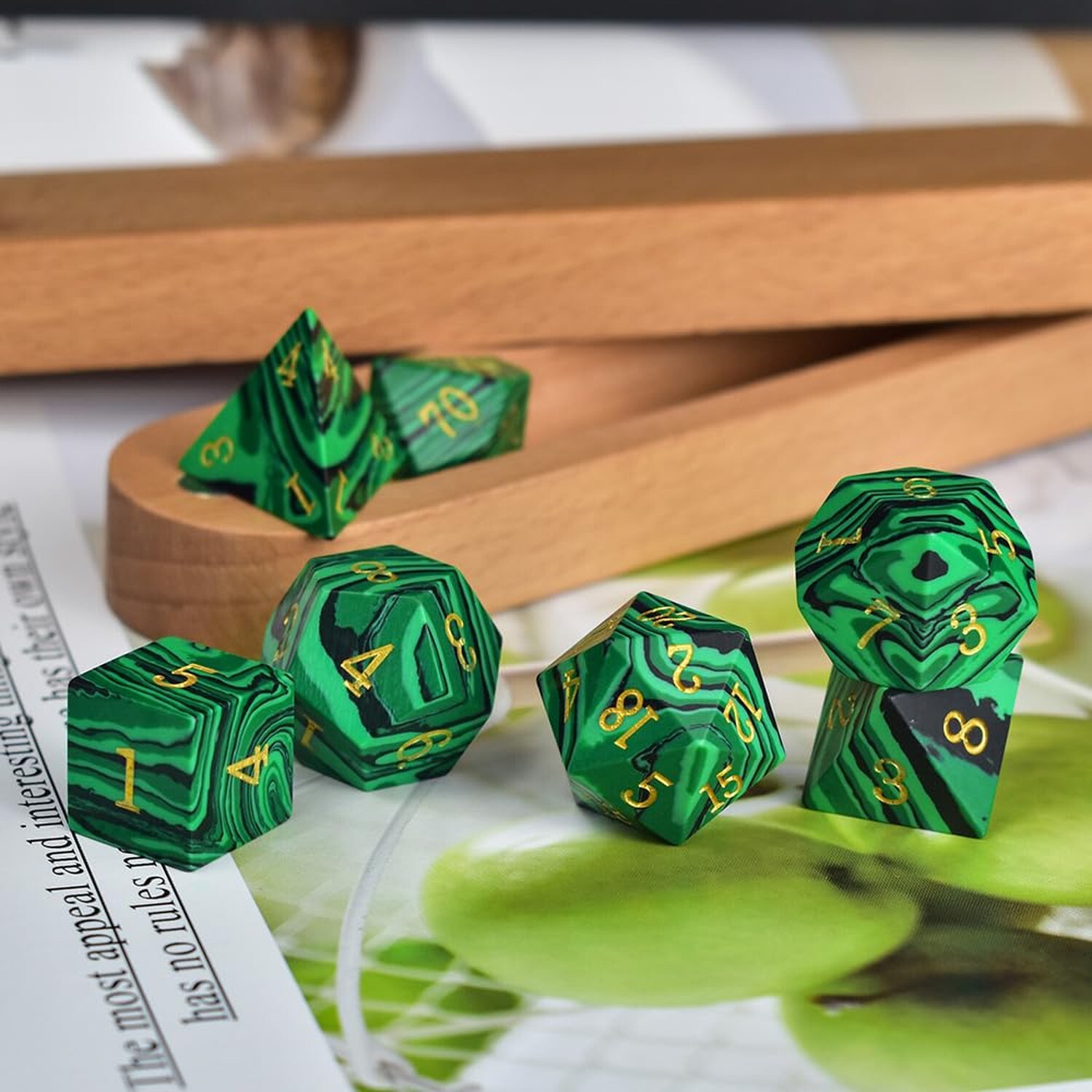 Malachite Stone Dice Set D&D 7PCS Gemstone Dice Polyhedral DND Dice with Gift...