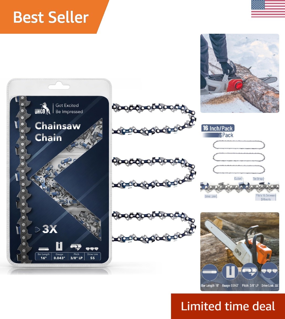 16-Inch Chainsaw Chain, 3-Pack with High-Quality Low Profile Pitch for Home Use