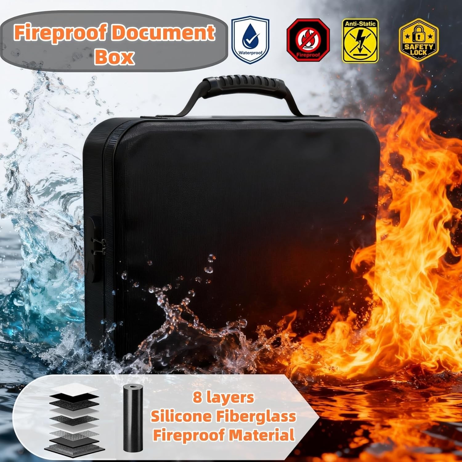 Fireproof Document Box (Soft-Shell) with Lock & Waterproof Zipper, 5200°F Safe