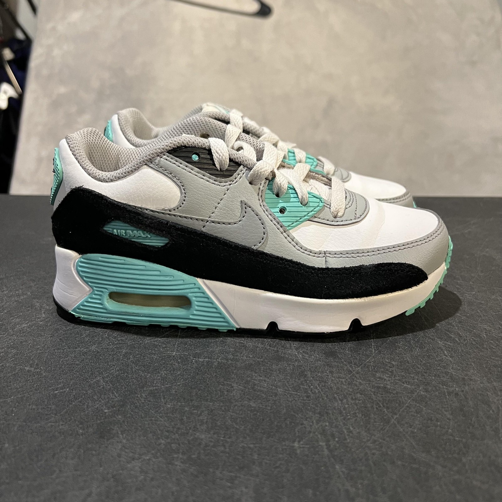 Nike Air Max 90 Shoes Youth Size 2Y Gray Aqua Kids Leather Sneakers CD6867-102